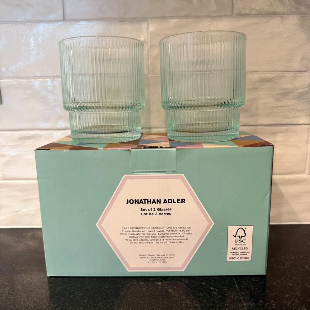 Jonathan Adler Biba Glasses Unisex 13oz Mint Green Ribbed Tiered Set of 2